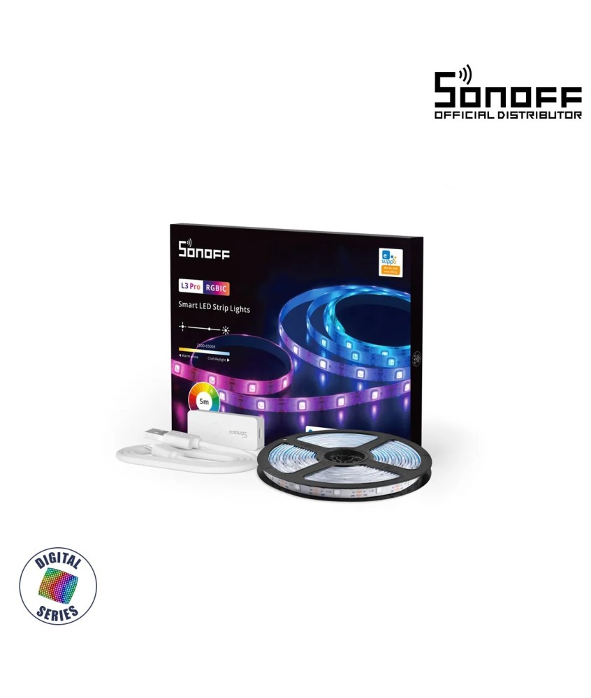 GloboStar® 80099 SONOFF L3-5M-PRO RGBIC Digital IC RGB Smart LED Strip Light WiFi 2.4GHz 90 SMD-M 5050 5m Roll & Power Adapter DC 5V Max 10W